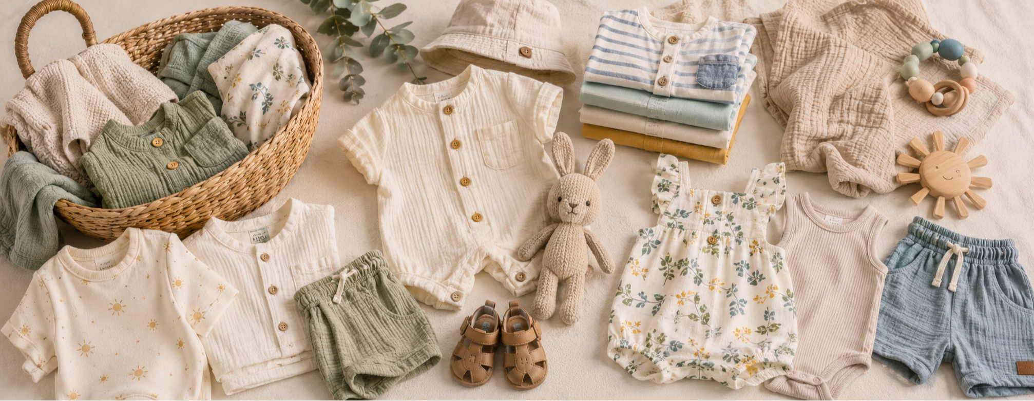 Panorama seconde main bébé mixte été 0-18 mois avec vêtements légers, matières naturelles et accessoires doux
