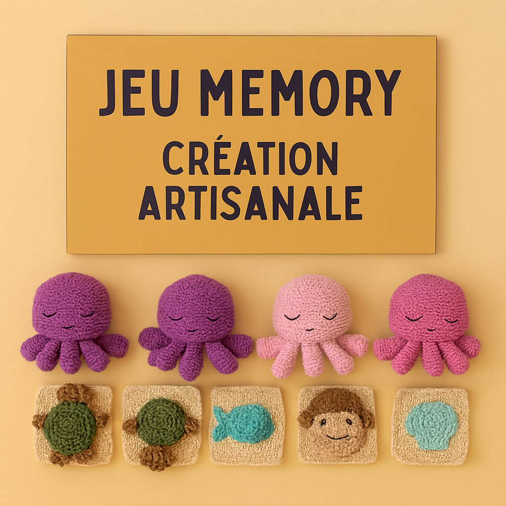 Jeu memory artisanal en crochet : pieuvres et tuiles marines (tortues, poissons, coquillages) sur fond beige