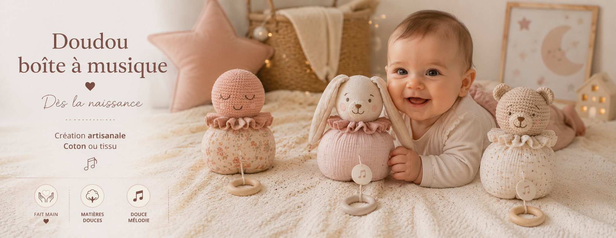 Doudou boîte à musique bébé fait main en coton ou tissu, création artisanale dès la naissance dans une chambre d’enfant douce avec bébé