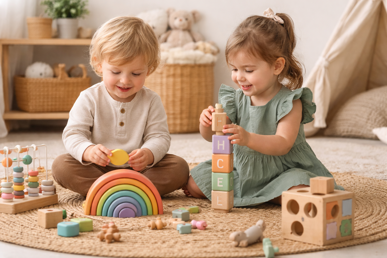 Jeunes enfants jouant avec des jeux éducatifs en bois, vêtements confortables pour enfants de 0 à 5 ans
