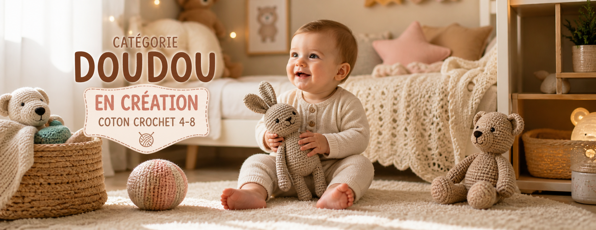 Bébé dans une chambre douce et chaleureuse jouant avec un doudou crocheté en coton fait main, ambiance nursery artisanale et apaisante