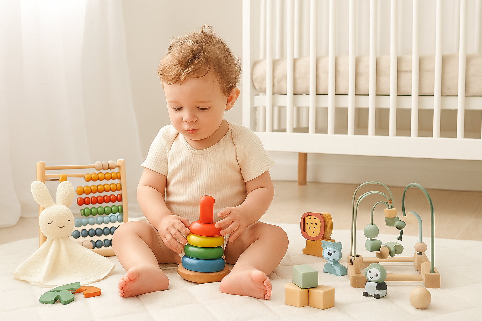 Enfant jouant dans une chambre lumineuse avec jouets seconde main : anneaux à empiler, doudou, abacus, blocs et labyrinthe de perles
