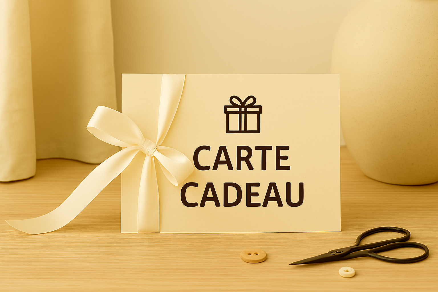 Carte cadeau posée sur fond bois clair avec ruban crème, ambiance douce et lumineuse