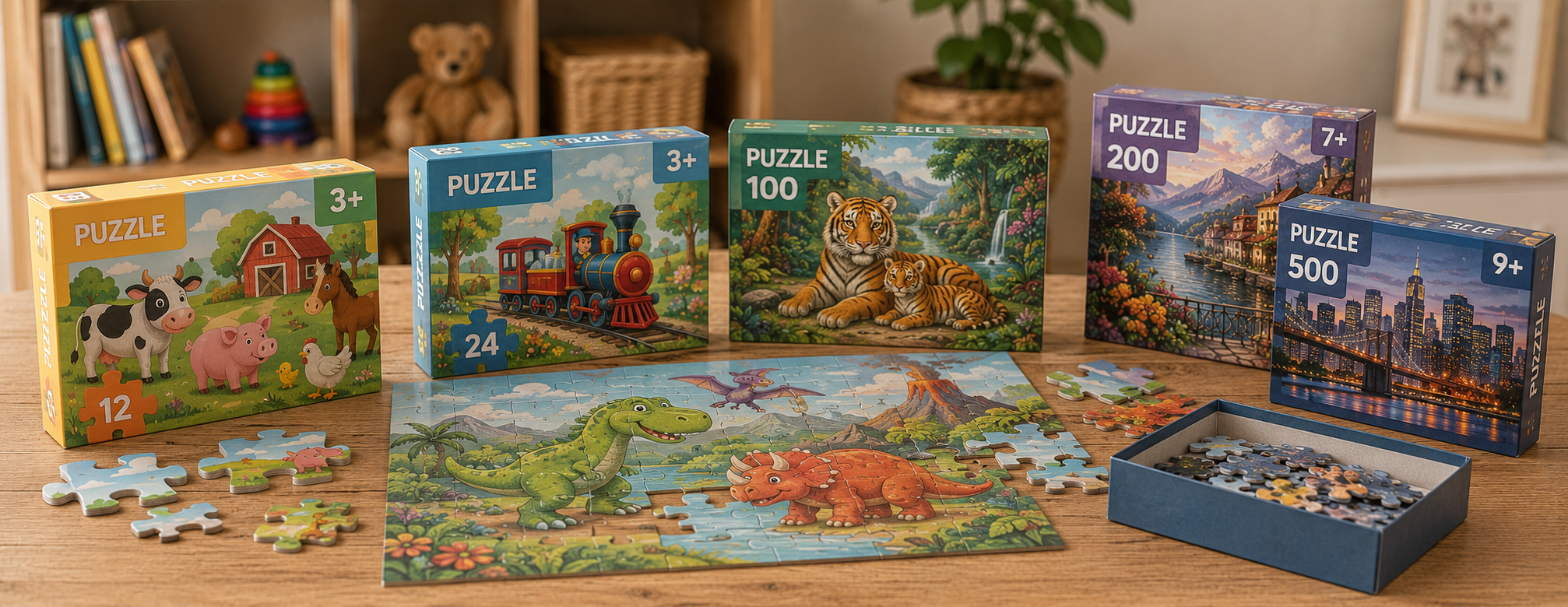 Photo panoramique de puzzles de seconde main pour enfants dès 3 ans avec animaux, dinosaures et trains sur une table en bois