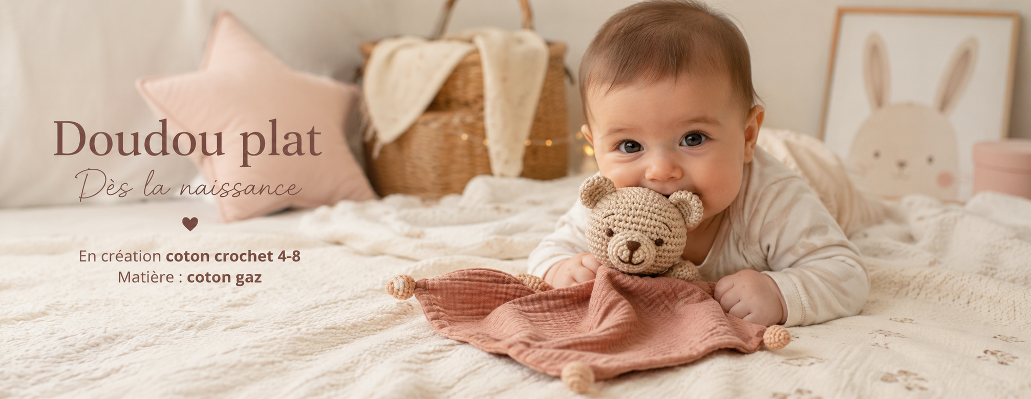 Doudou plat bébé fait main en coton crochet et gaze de coton, dès la naissance, dans une chambre d’enfant douce avec bébé