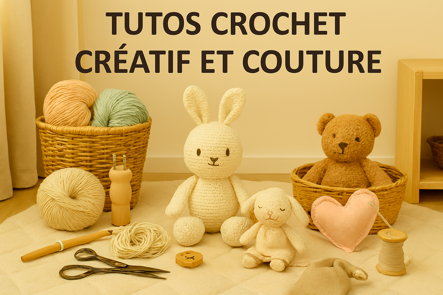 Espace créatif avec lapin crocheté, cœur cousu en feutrine, pelotes pastel, ciseaux, boutons et panier en osier sur fond lumineux