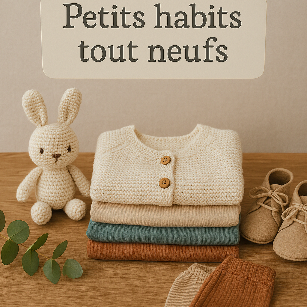 Petits habits tout neufs soigneusement pliés sur une commode en bois clair, accompagnés d’un doudou lapin crocheté et de petits chaussons beige, ambiance douce et lumineuse