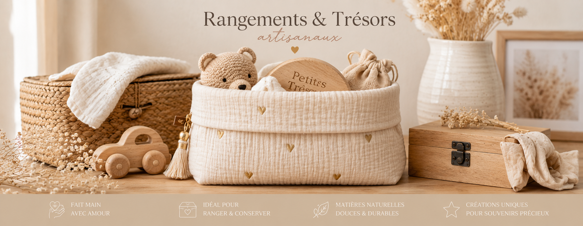 Panorama artisanal de rangements et trésors pour bébé en coton gaze et matières naturelles, ambiance chaleureuse avec panier de rangement, jouets en bois et décoration bohème.