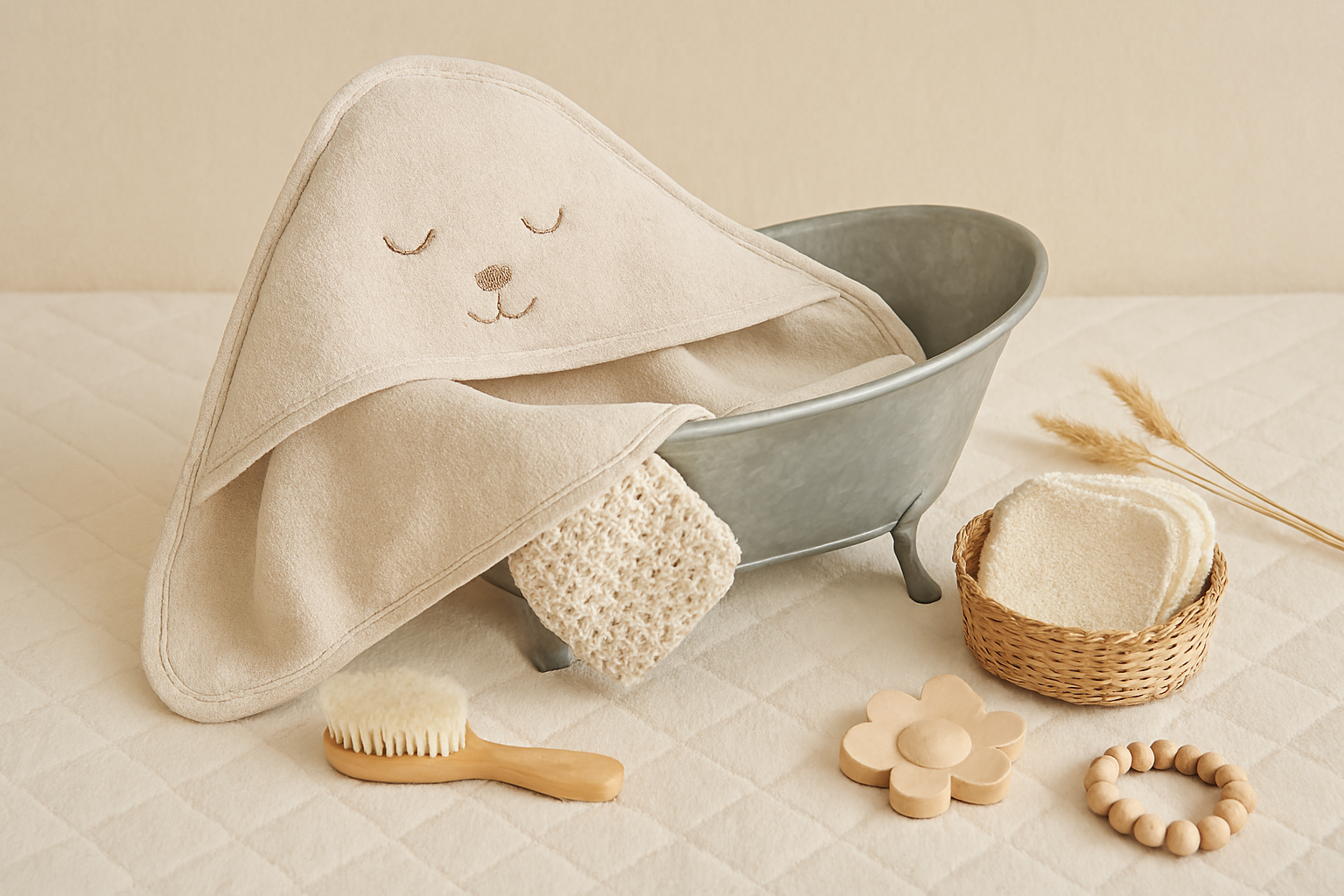 Petite baignoire en zinc avec cape de bain brodée, gant crocheté, panier de lingettes lavables et accessoires en bois