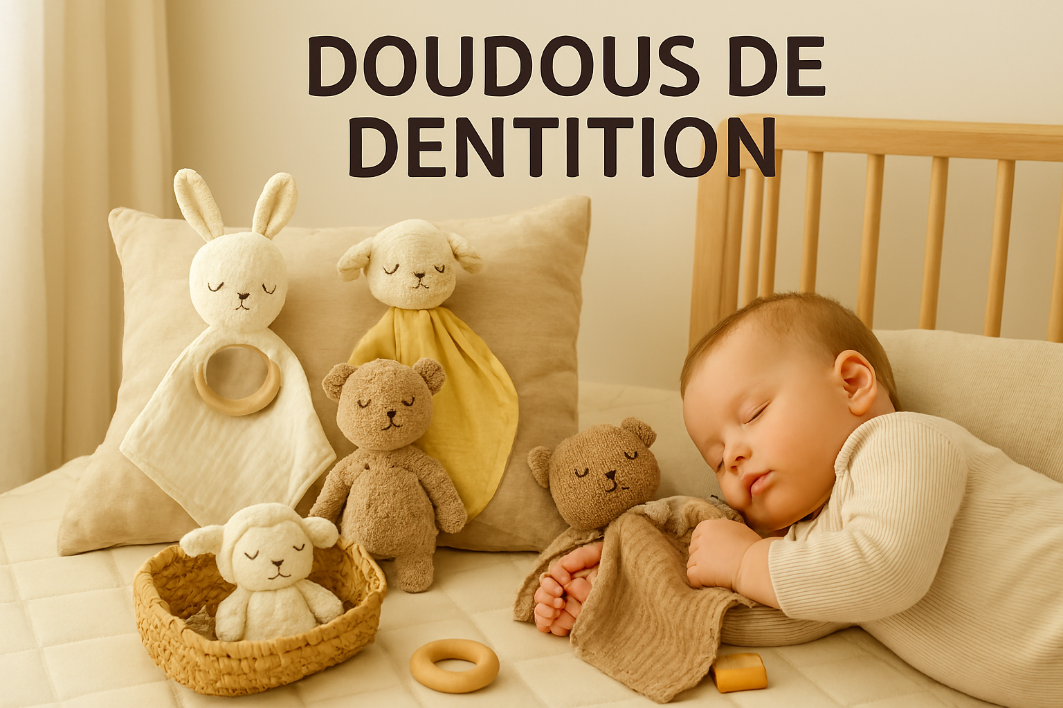 Bébé endormi avec doudou de dentition, entouré de modèles variés posés sur coussin et panière en osier dans une chambre lumineuse