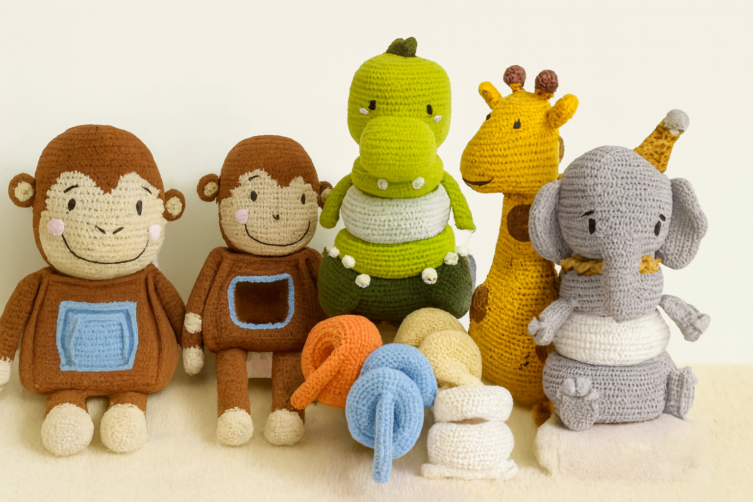 Jeux éducatifs artisanaux au crochet : singes interactifs, animaux à empiler (dinosaure, girafe, éléphant), faits main avec amour