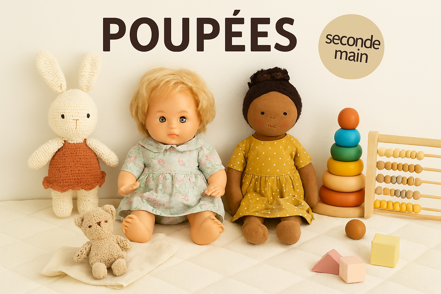 Poupées seconde main : poupée vintage, poupée en tissu, lapin crocheté et ours en peluche, présentés sur fond lumineux avec jouets en bois