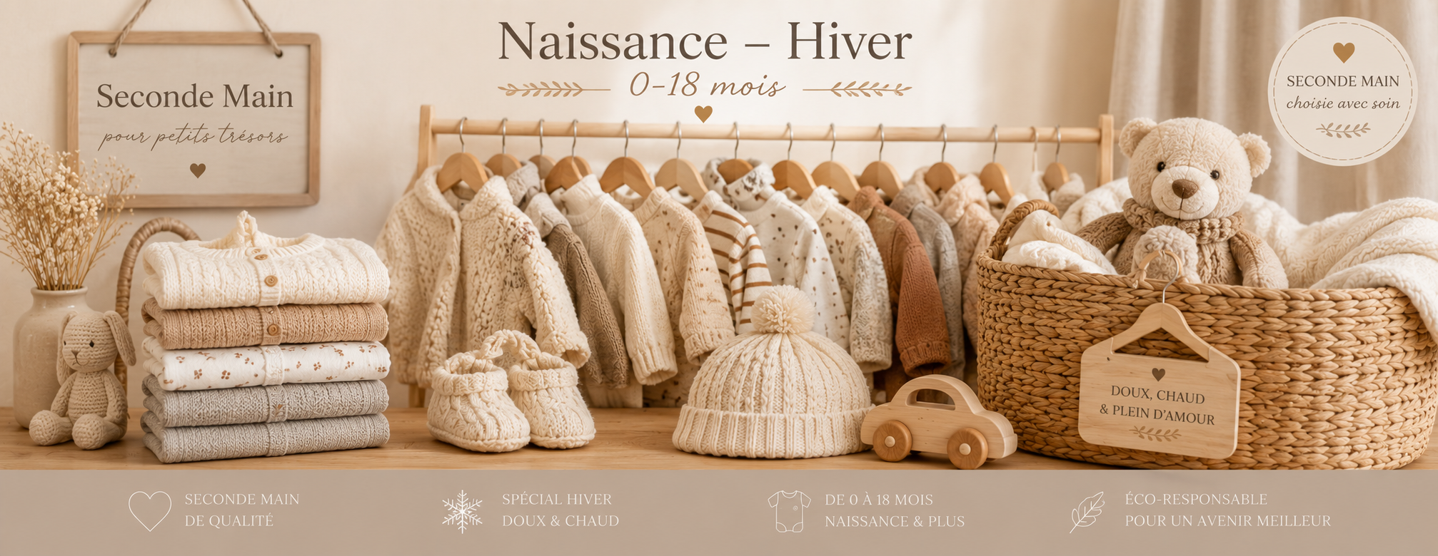 Photo panoramique de vêtements bébé seconde main hiver 0-18 mois sur penderie en bois, avec pulls tricotés, accessoires chauds et ambiance naturelle et cocooning pour naissance.