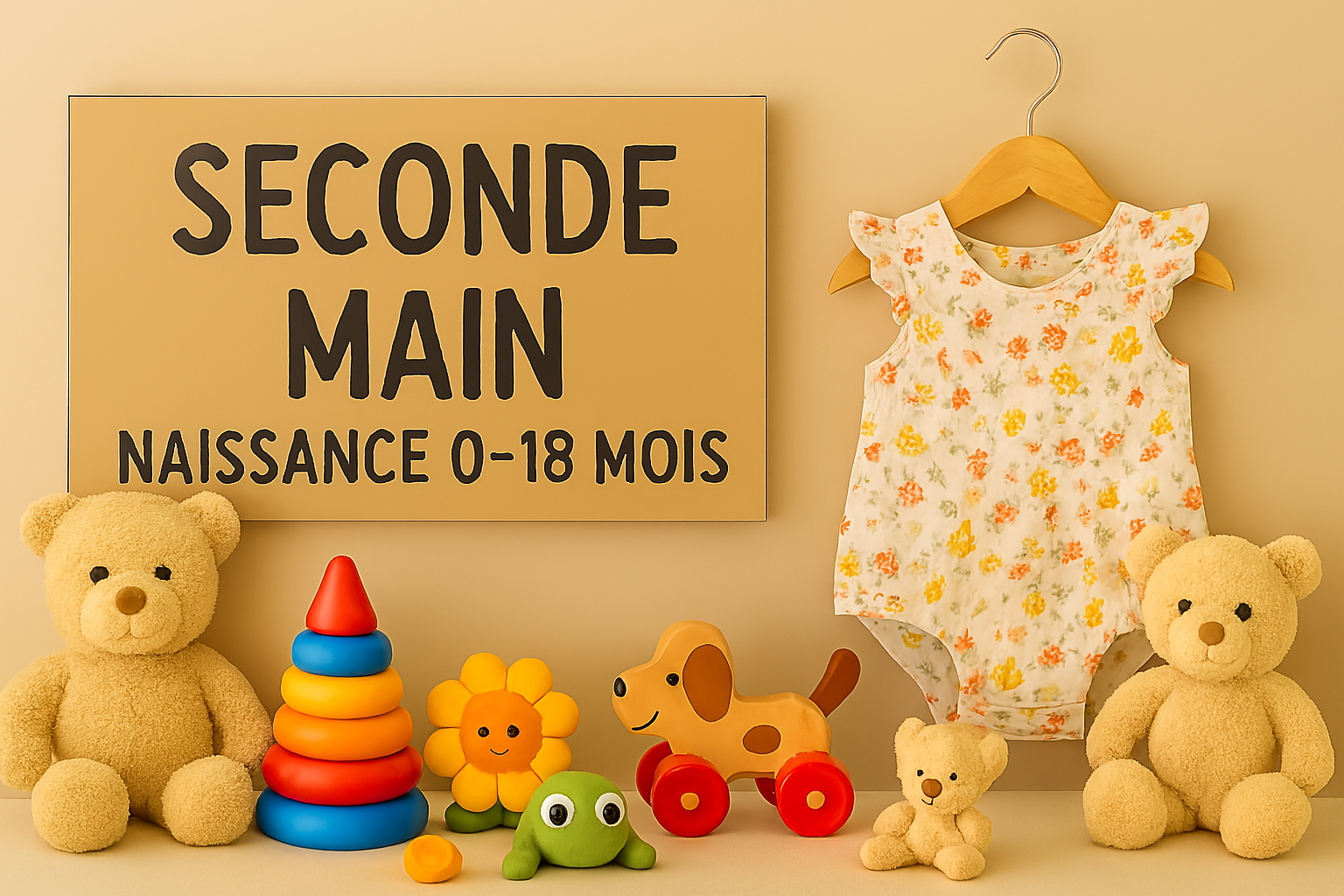 Vêtements d’été seconde main pour bébé 0-18 mois : robe légère, body fleuri, sandales, peluches et jouets colorés sur fond lumineux