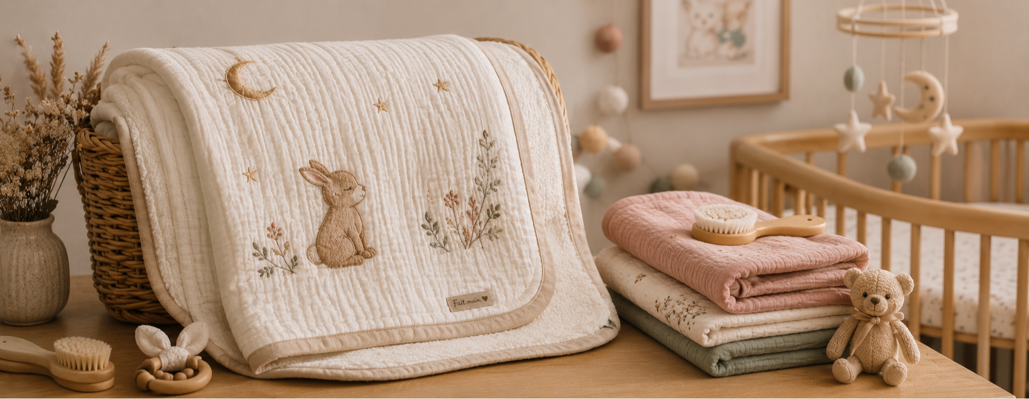 Couverture bébé artisanale brodée en coton gaze dans une chambre d’enfant chaleureuse avec accessoires et linge fait main