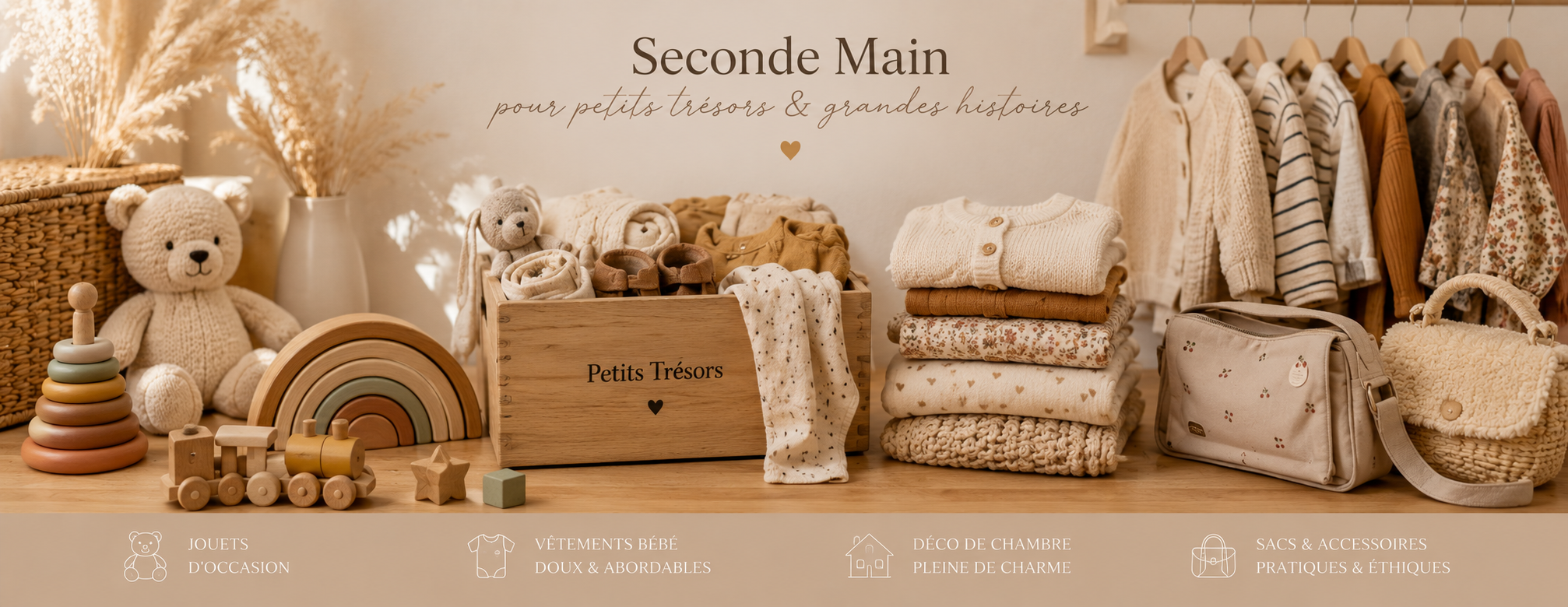 Photo panoramique seconde main pour bébé avec jouets en bois, vêtements d’occasion, décoration de chambre et sacs bébé dans une ambiance douce et naturelle.