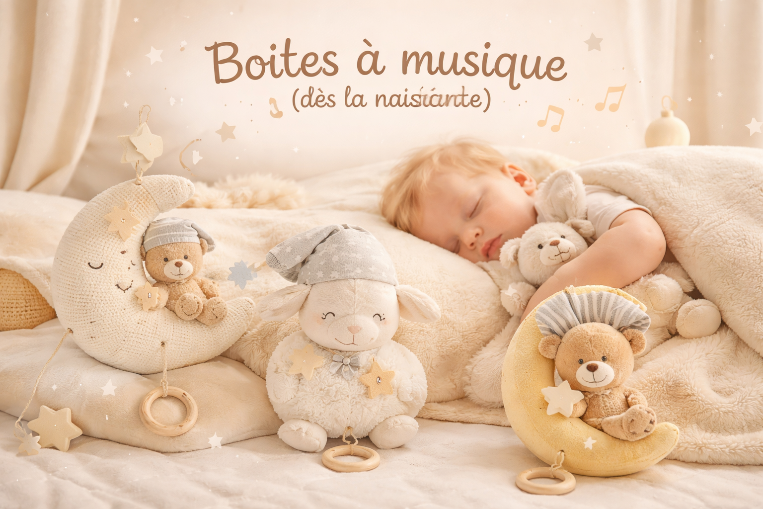 Boîte à musique artisanale en doudou crocheté dans une chambre de bébé, ambiance douce et apaisante