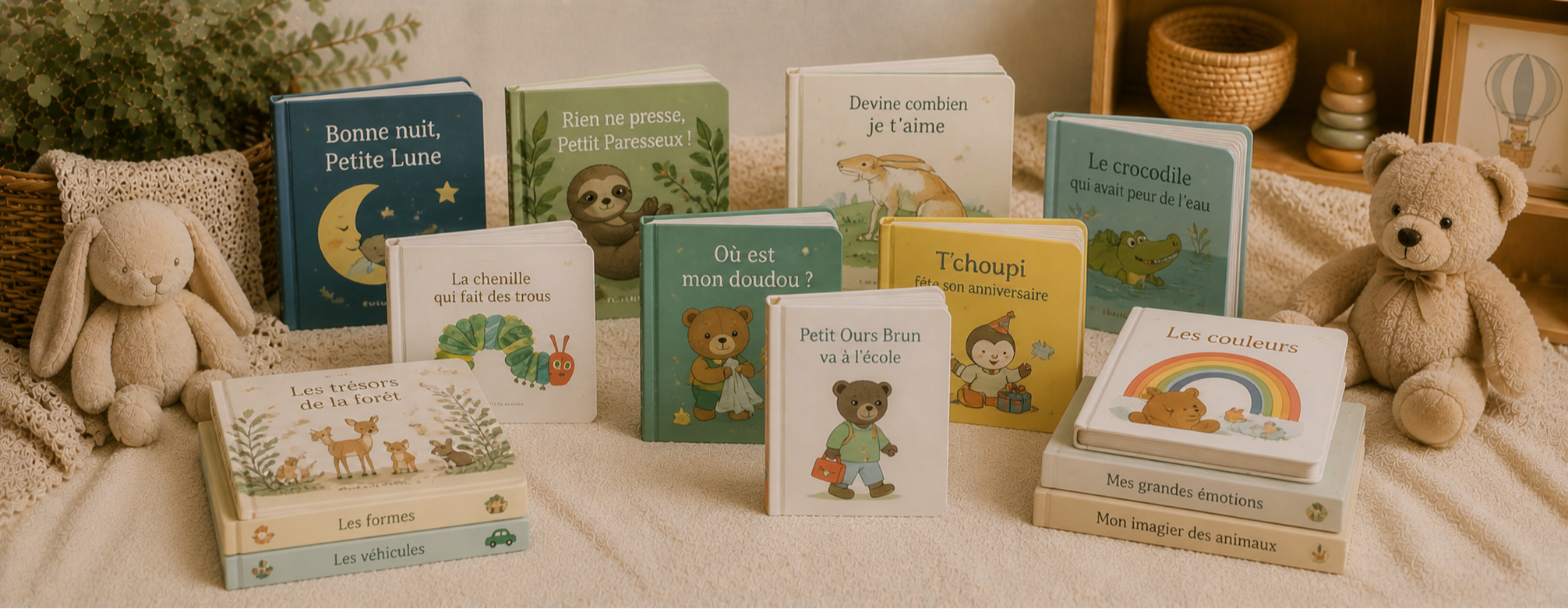 Livres enfant 0-4 ans de seconde main présentés dans un univers cocooning et apaisant