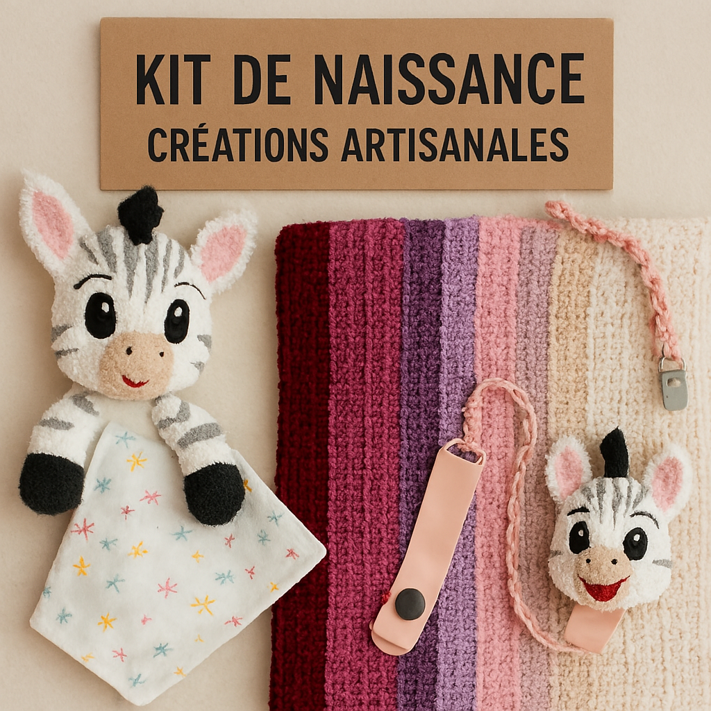 Kit de naissance artisanal : doudou zèbre, attache-tétine et couverture crochetée aux tons naturels sur fond beige