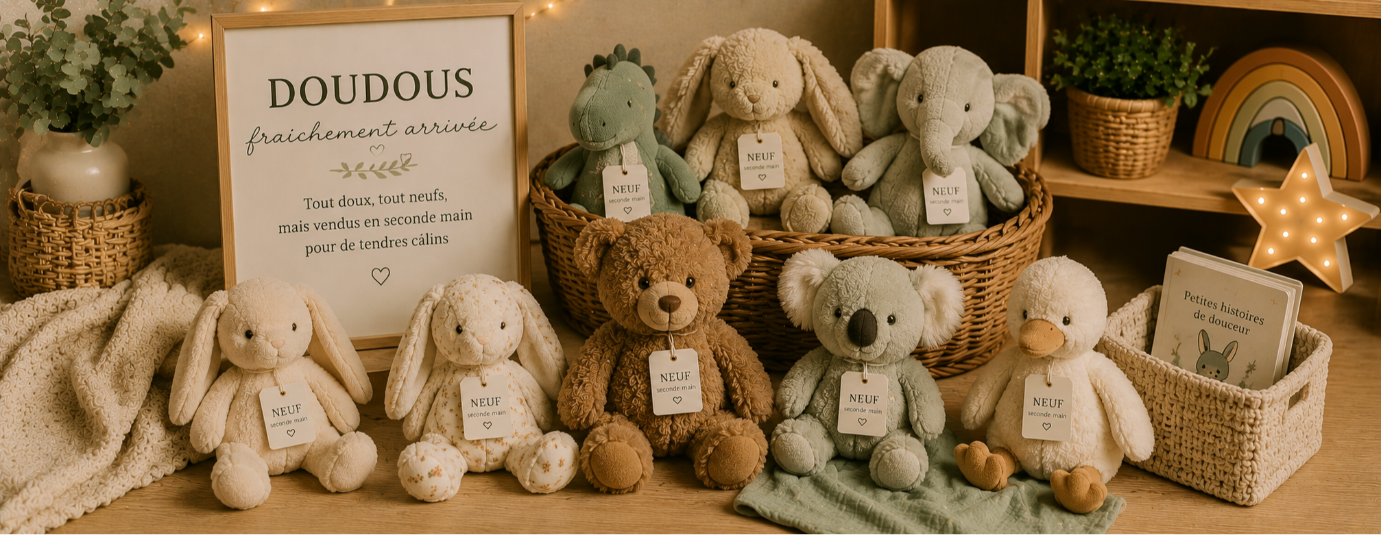 Doudous fraîchement arrivés de seconde main pour bébé avec peluches douces et univers apaisant