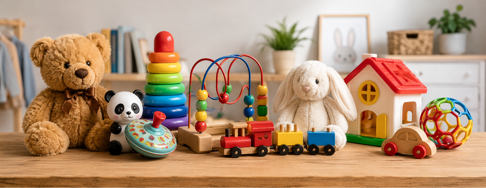 Photo panoramique de jouets bébé fille et garçon de seconde main avec peluches, train en bois, cubes colorés et jeux d’éveil dans une chambre d’enfant lumineuse