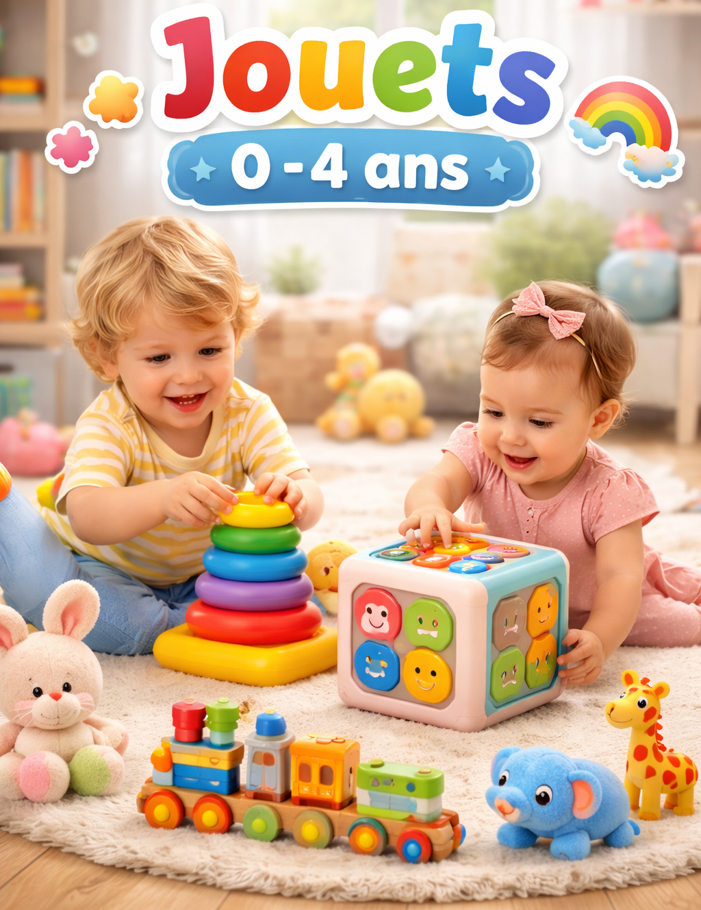 Bébés jouant avec des jouets d’éveil colorés, cubes éducatifs et jeux sensoriels pour enfants de 0 à 4 ans