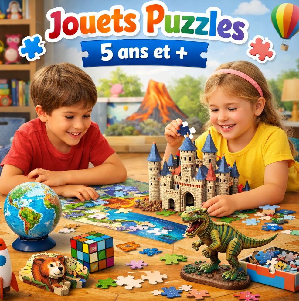 Enfants jouant avec des puzzles éducatifs, château 3D et jeux de réflexion, dès 5 ans