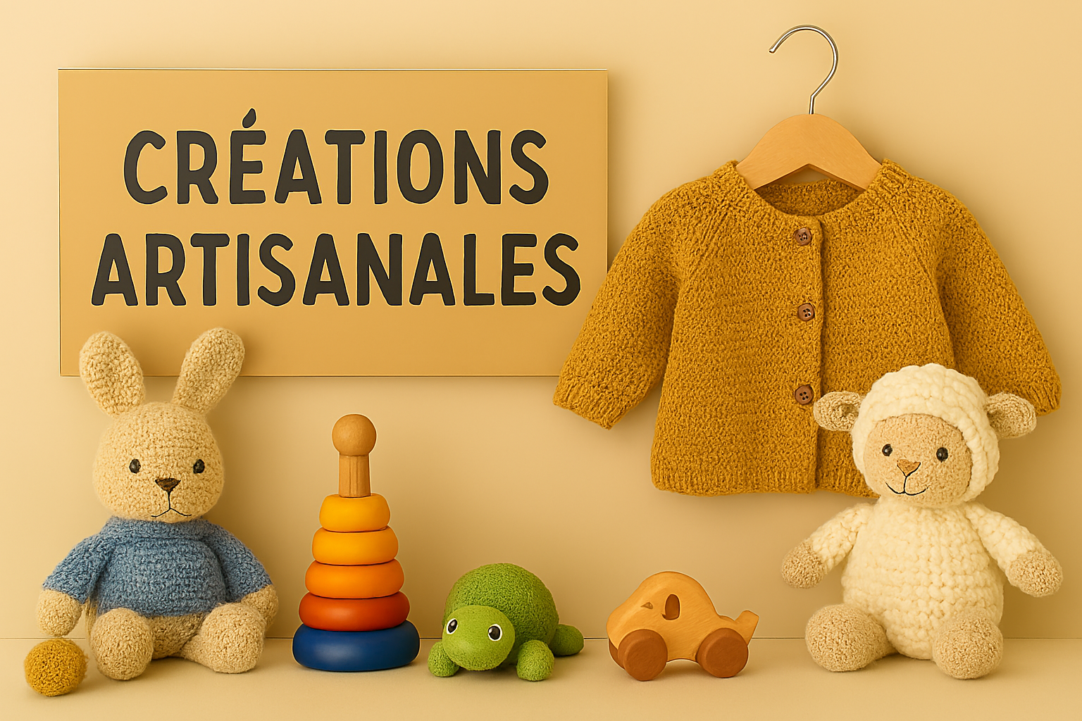 Créations artisanales pour bébé : jouets en crochet, vêtements tricotés main et accessoires en bois sur fond beige
