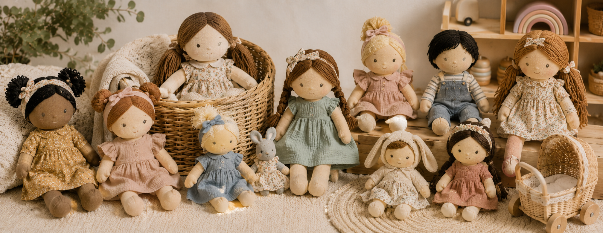 Collection de poupées en tissu de seconde main pour bébé et jeune enfant avec décoration naturelle