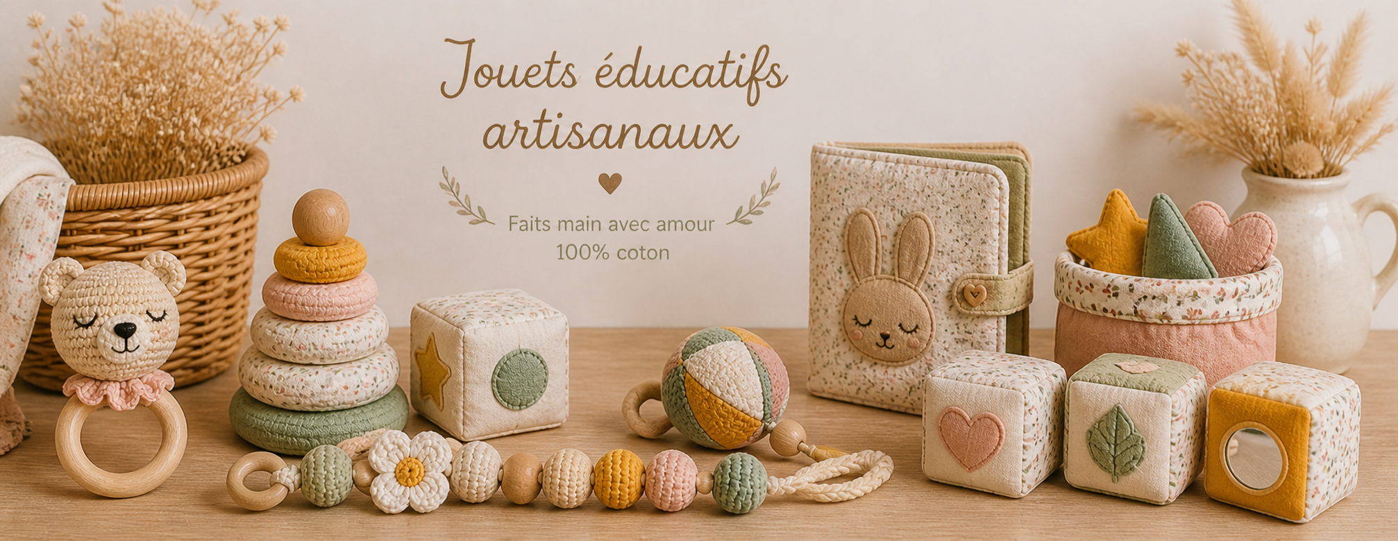 Jouets éducatifs artisanaux pour bébé en coton et tissu – cubes sensoriels, livre en tissu, jeux d’empilage et formes faits main