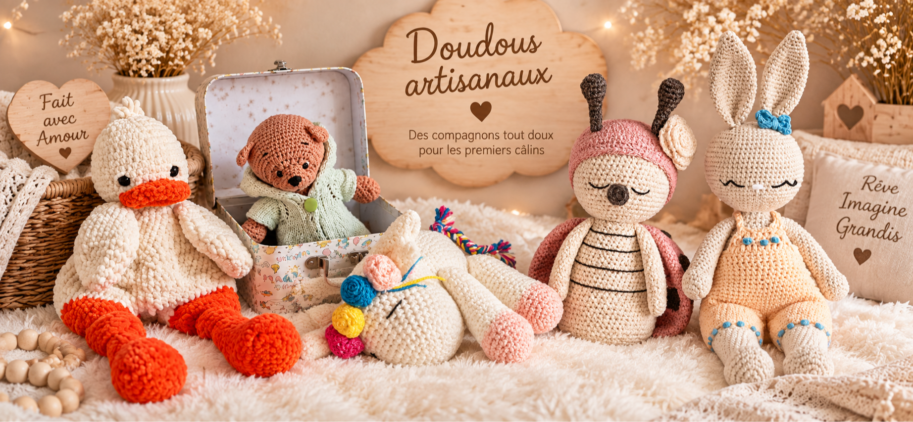 Doudous artisanaux faits main au crochet dans une ambiance douce et chaleureuse