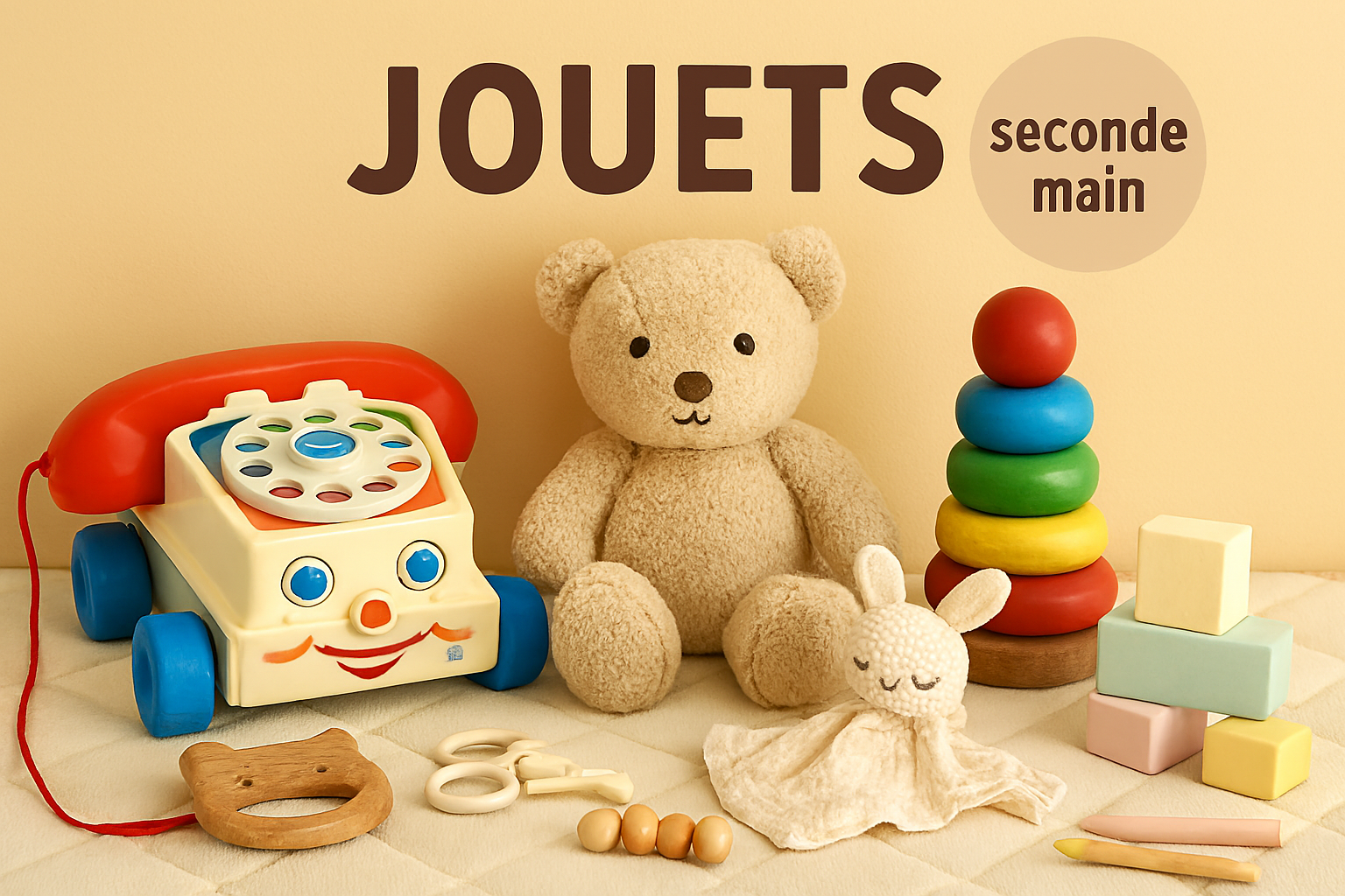 Téléphone vintage Fisher-Price, ours en peluche, anneaux en bois et blocs pastel sur fond matelassé