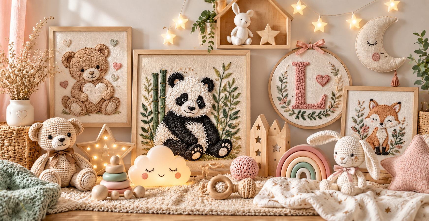 Décoration artisanale pour chambre de bébé avec tableaux brodés