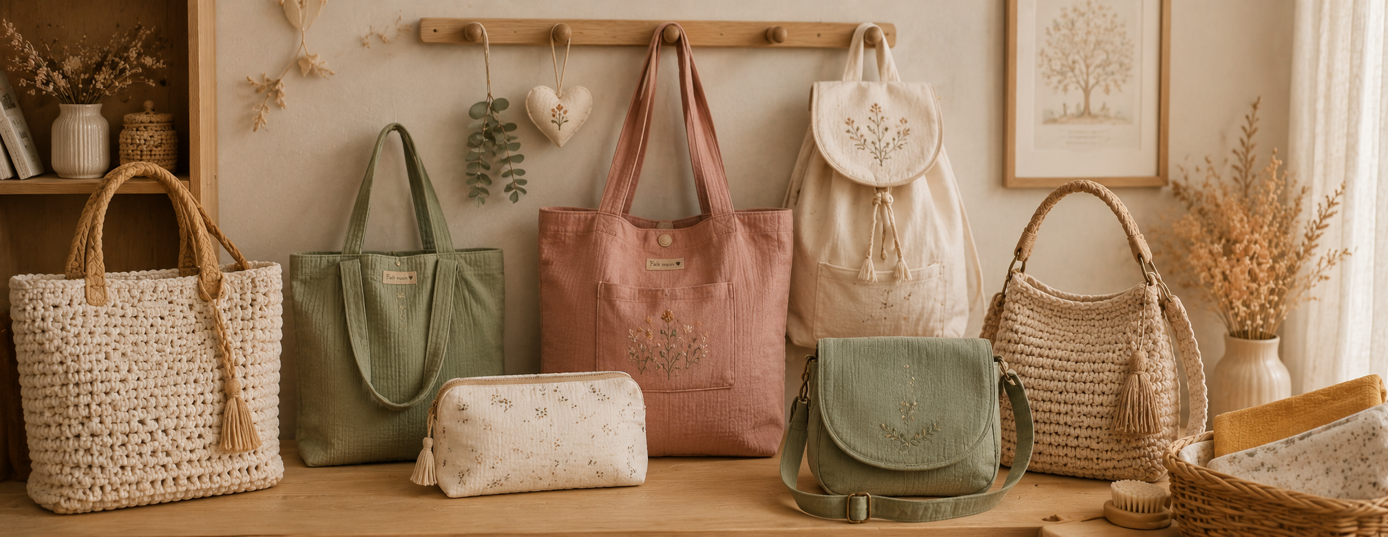 Sacs artisanaux en tissu, coton gaze et crochet dans une ambiance chaleureuse avec créations couture et accessoires faits main