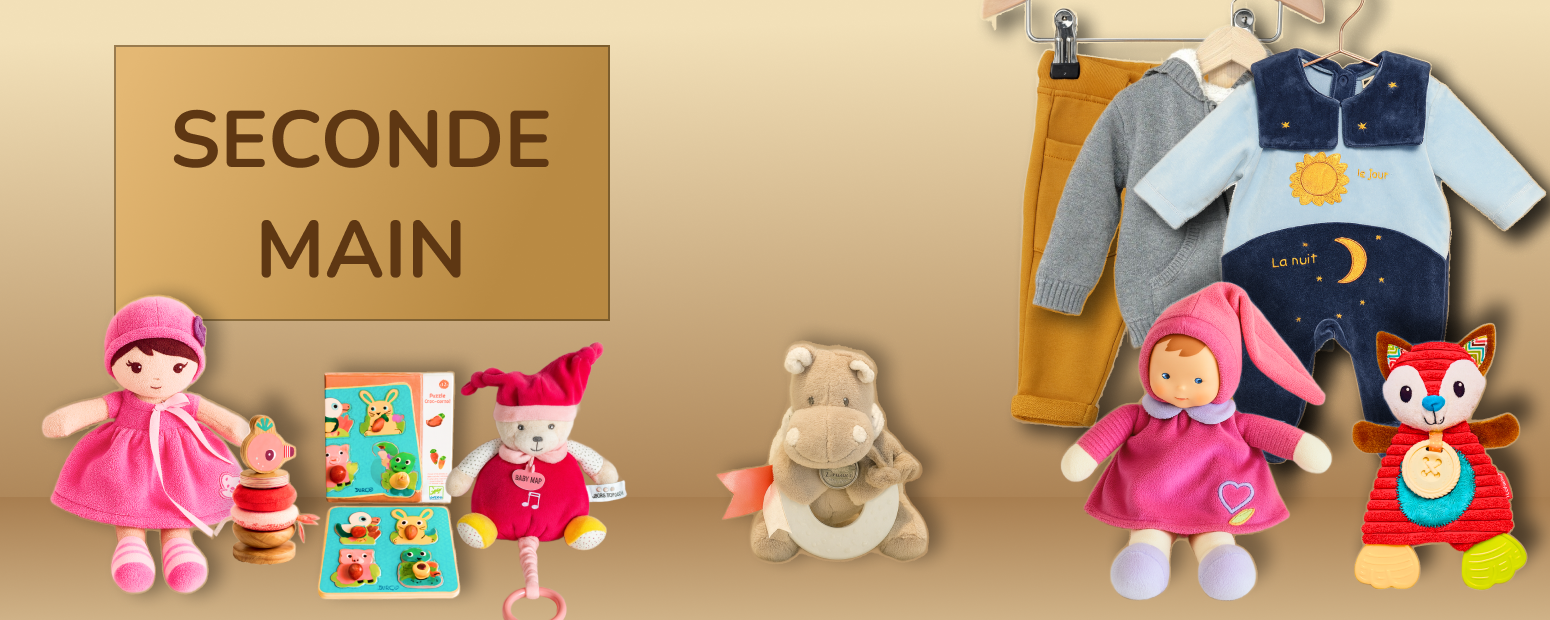 Produits seconde main pour bébé 0-18 mois : jouets, vêtements et accessoires de chambre dans une ambiance douce et artisanale
