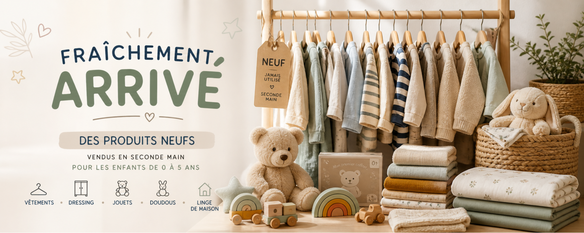 Vêtements, jouets, doudous et linge de maison pour enfants de 0 à 5 ans, produits neufs vendus en seconde main dans un univers doux et organisé.