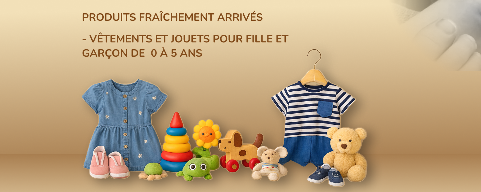 Produits neufs pour enfants de 0 à 5 ans : vêtements fille et garçon, jouets colorés et peluches, présentés sur fond beige dans une ambiance douce et épurée