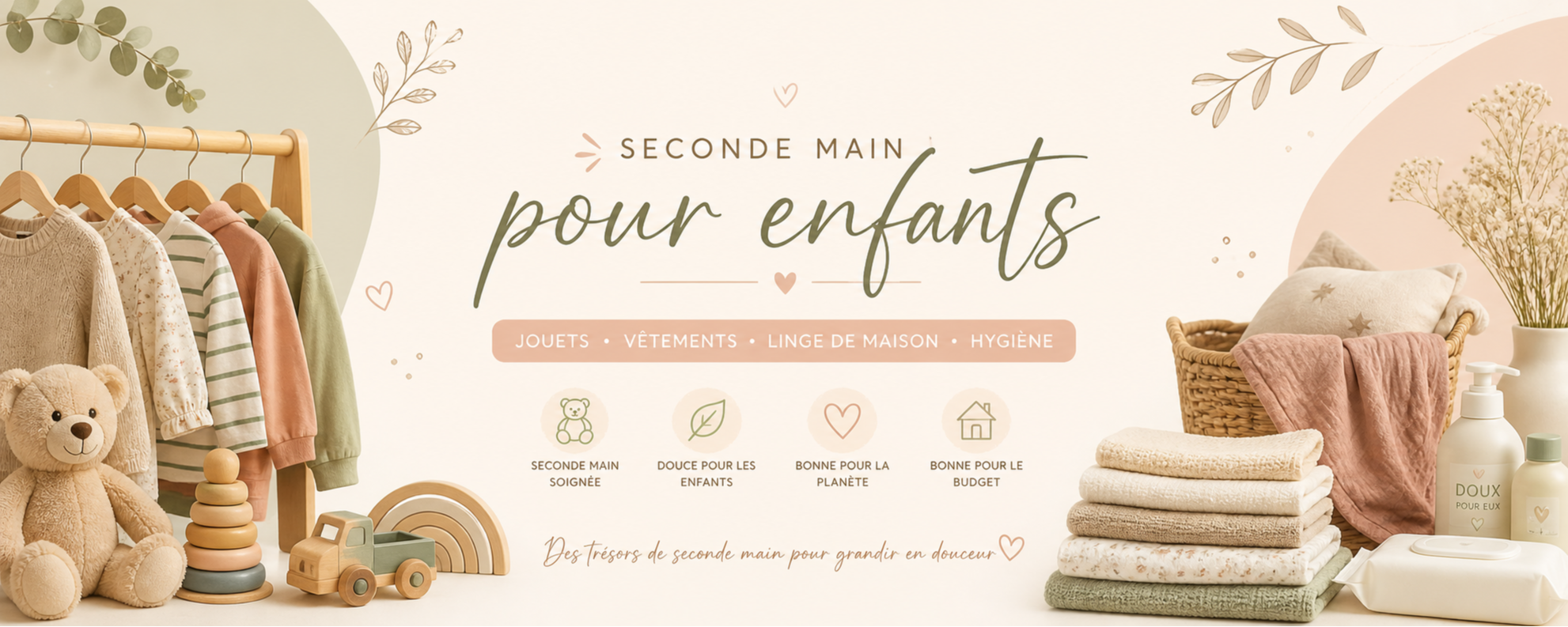 Bannière site internet seconde main pour enfants : vêtements, jouets, linge de maison et articles d’hygiène de 0 à 18 mois, dans des tons doux et naturels