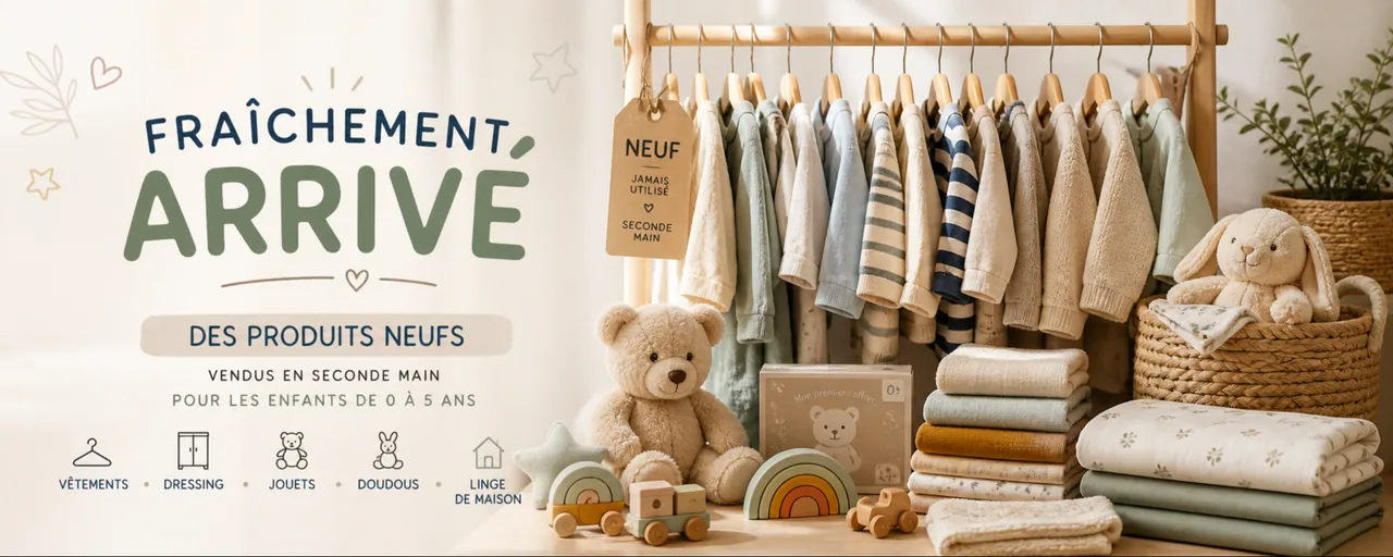 Vêtements, jouets, doudous et linge de maison pour enfants de 0 à 5 ans, produits neufs vendus en seconde main dans un univers doux et organisé.