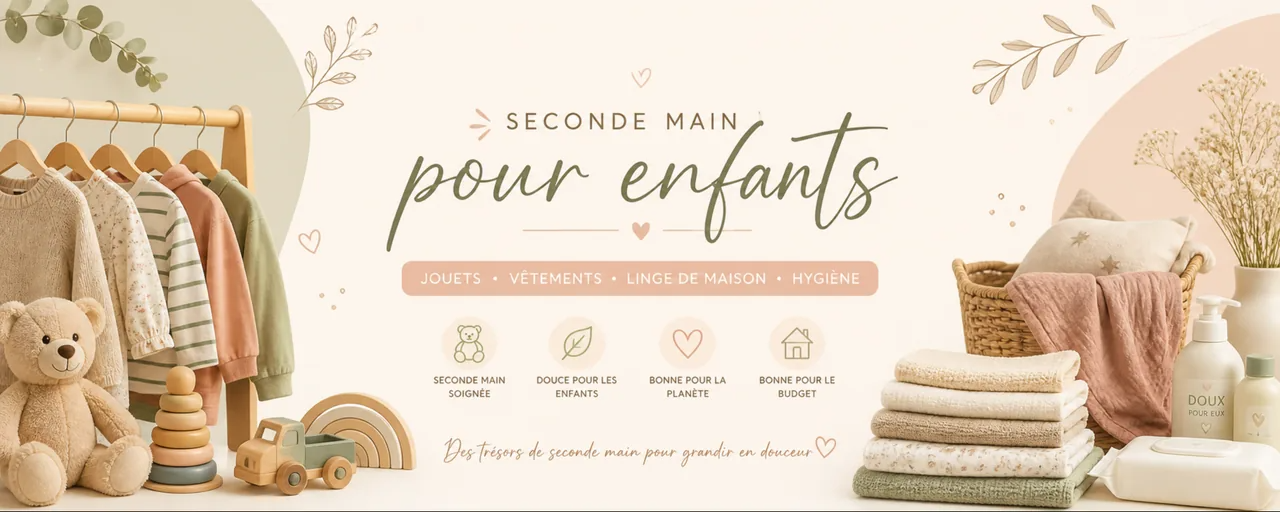 Bannière site internet seconde main pour enfants : vêtements, jouets, linge de maison et articles d’hygiène de 0 à 18 mois, dans des tons doux et naturels