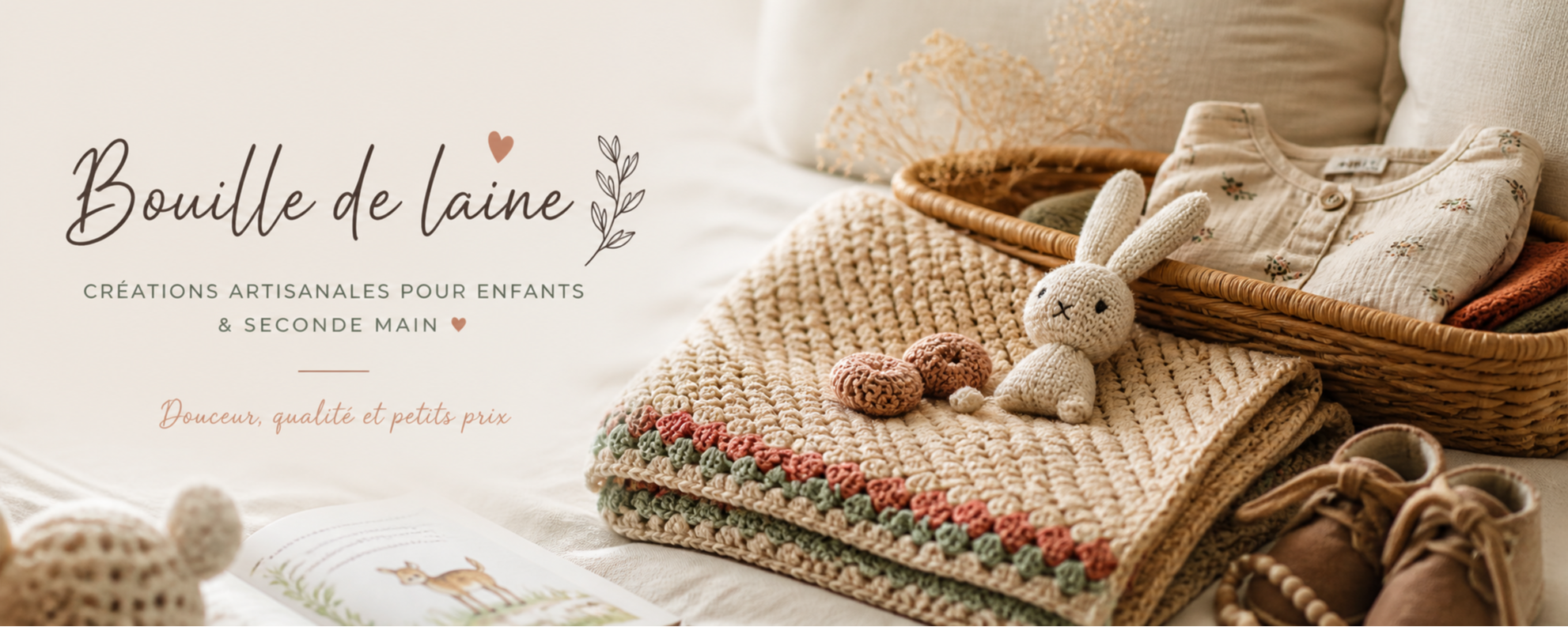 Couverture bébé au crochet faite main avec vêtements enfant seconde main dans une ambiance douce et naturelle