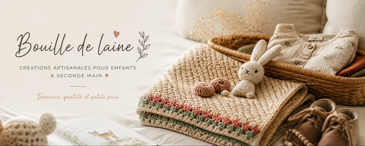 Couverture bébé au crochet faite main avec vêtements enfant seconde main dans une ambiance douce et naturelle