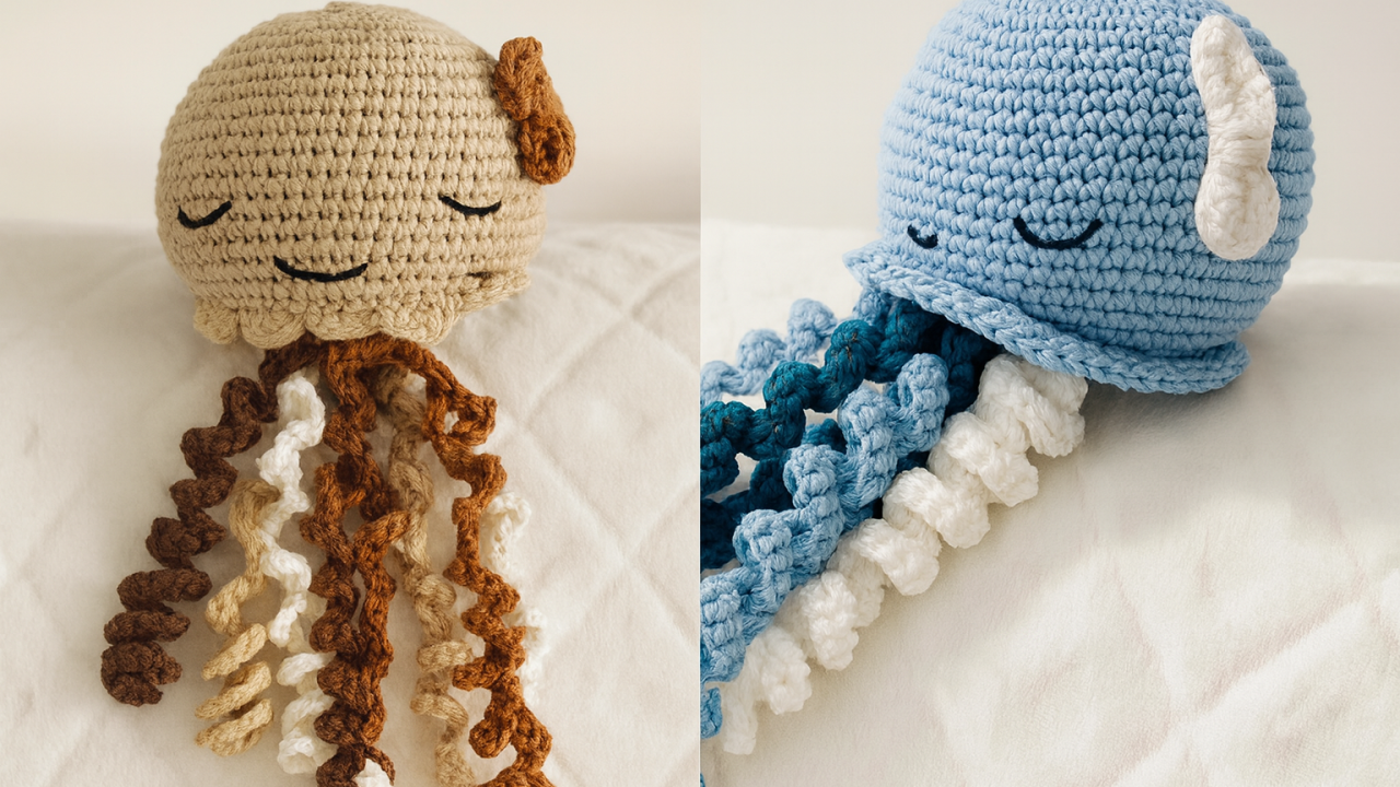 Doudou pieuvre crocheté à la main en bleu, avec tentacules spiralées, idéal pour bébé prématuré