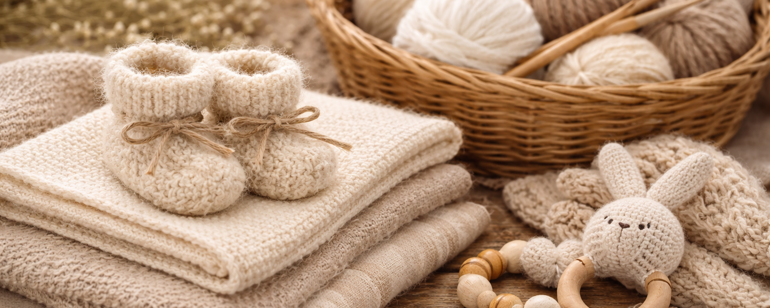 Couverture en laine douce pour bébé avec petits chaussons tricotés et pelotes de laine naturelle, ambiance cocooning
