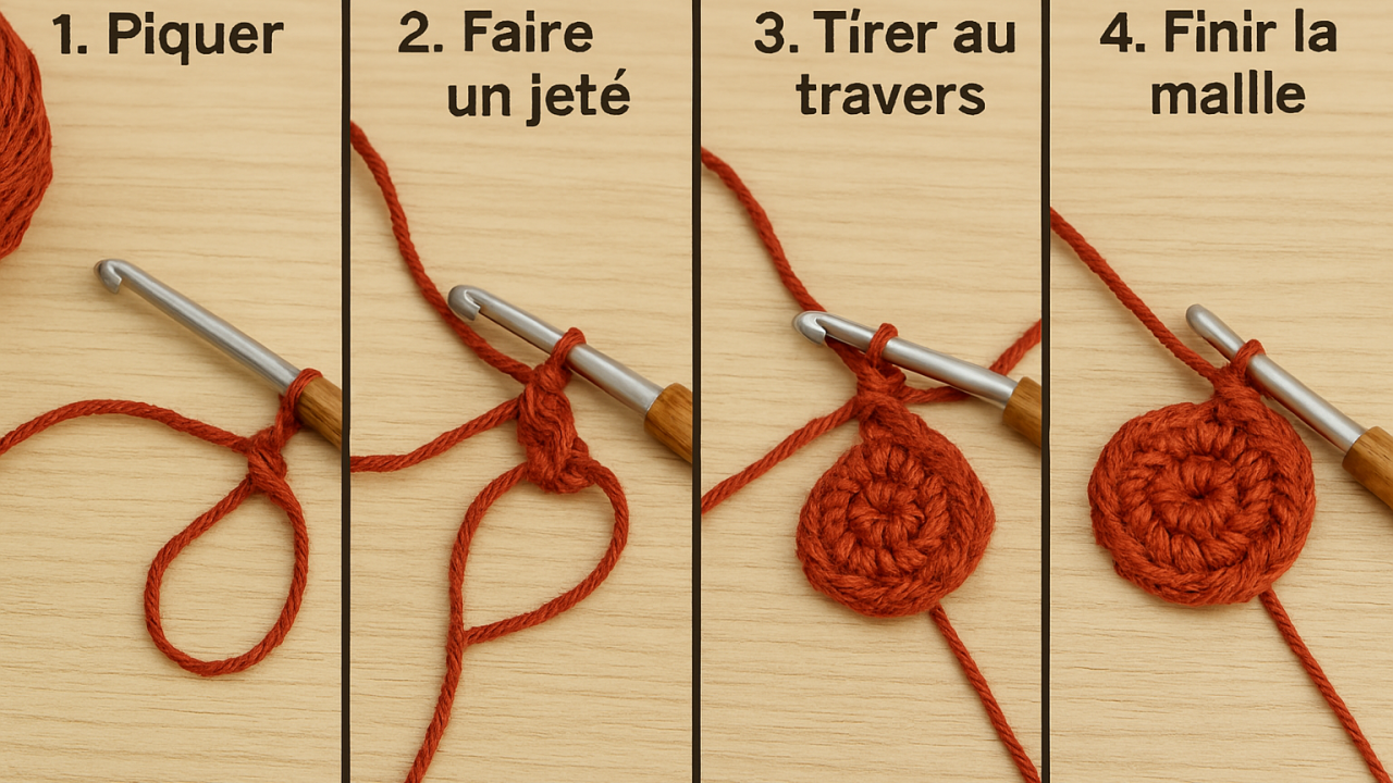 Étapes de la maille serrée au crochet avec fil rouge sur fond bois clair