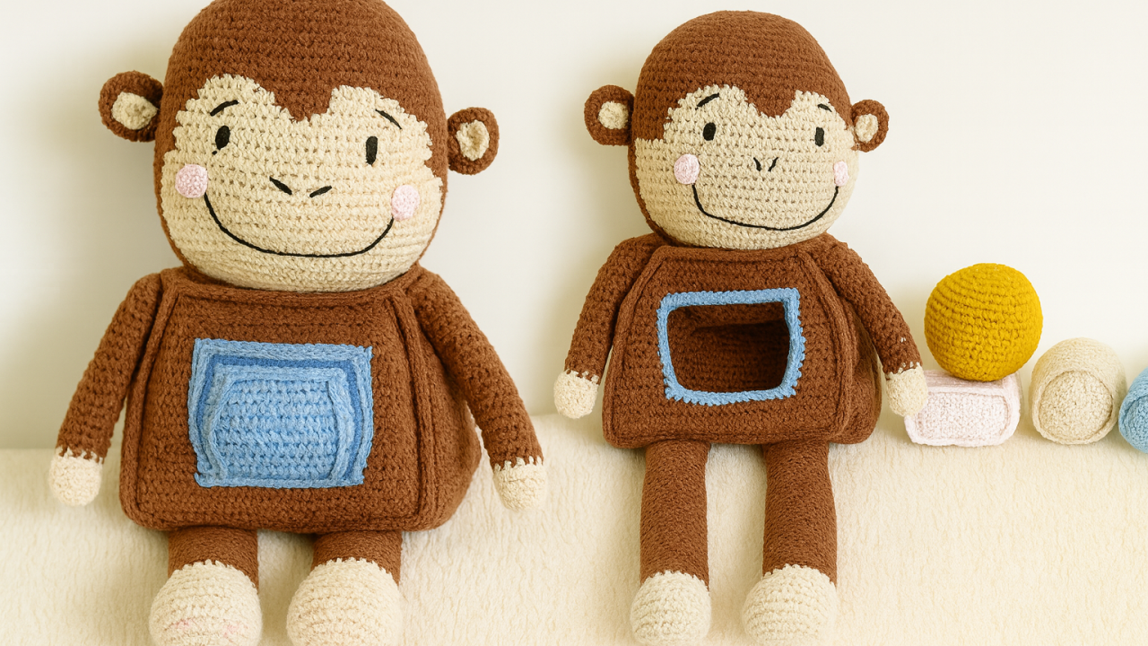 Deux jouets crochetés en forme de singe éducatif, avec formes à encastrer, posés sur une surface douce, création artisanale pour l’éveil et la motricité des bébés