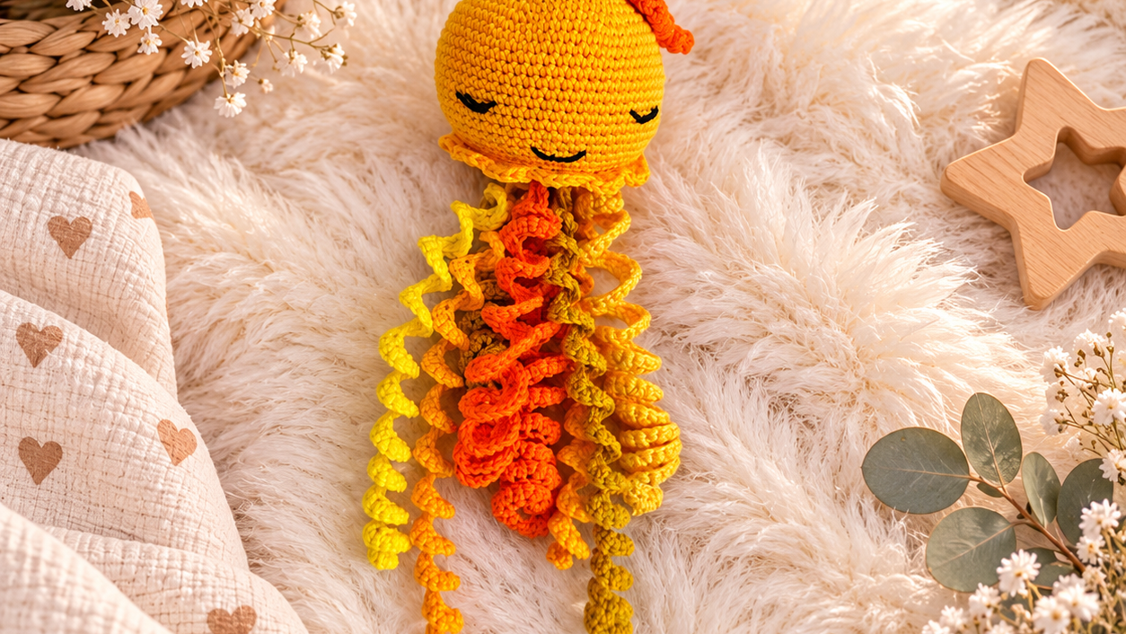 Doudou pieuvre crocheté à la main en jaune, avec tentacules spiralées, idéal pour bébé prématuré