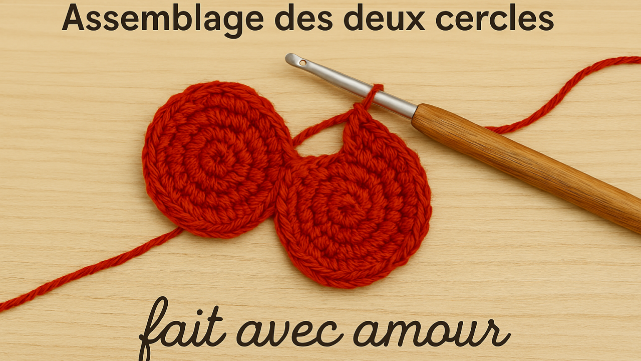 Assemblage de deux cercles crochetés rouges pour former un cœur, avec crochet et fil sur fond bois clair
