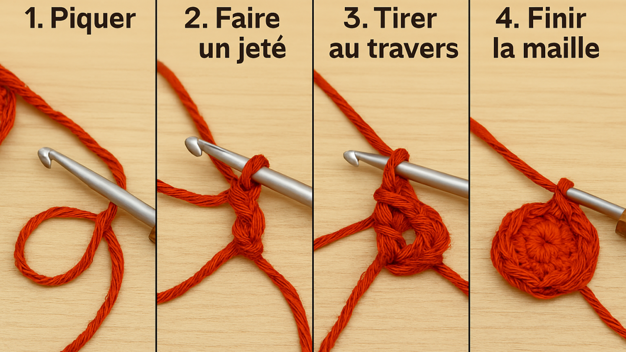Étapes de la demi-bride au crochet avec fil rouge sur fond bois clair