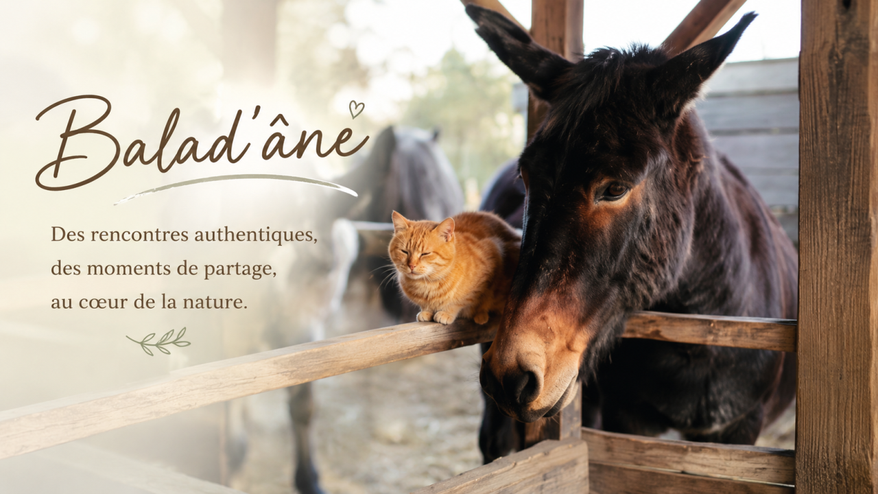Âne et chat de Balad'Âne dans leur environnement naturel à Flachères en Isère